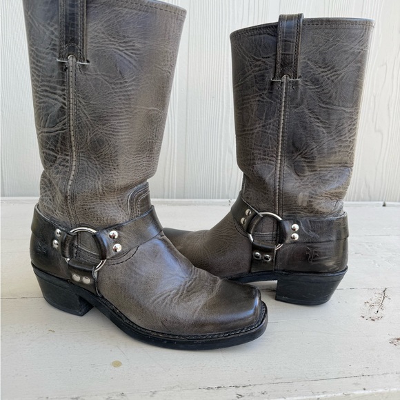 Frye Gray Cowboy Western Boots with Harness Detail - Picture 2 of 5